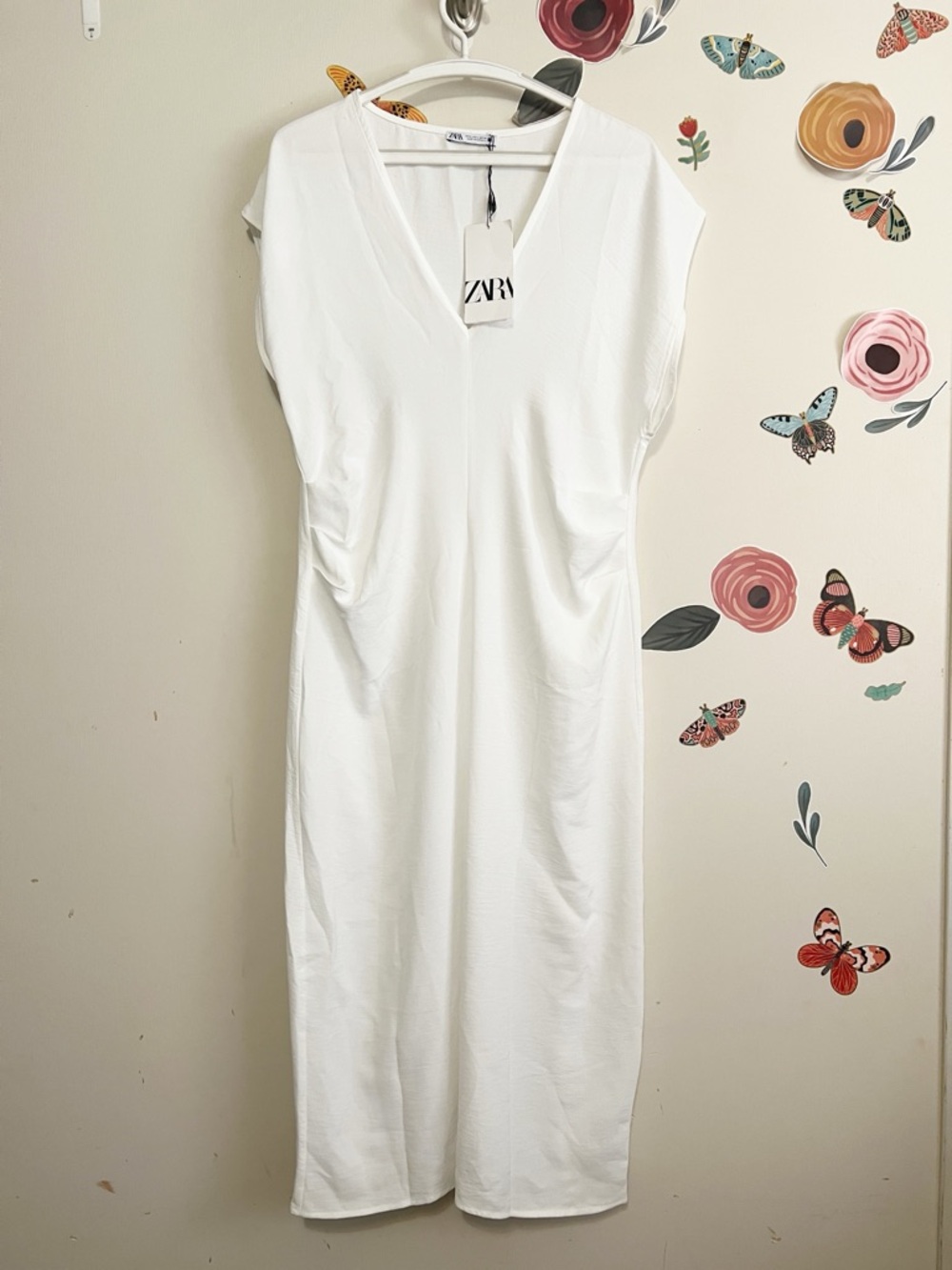 Zara White V‑Neck Ruched Midi Dress L NWT